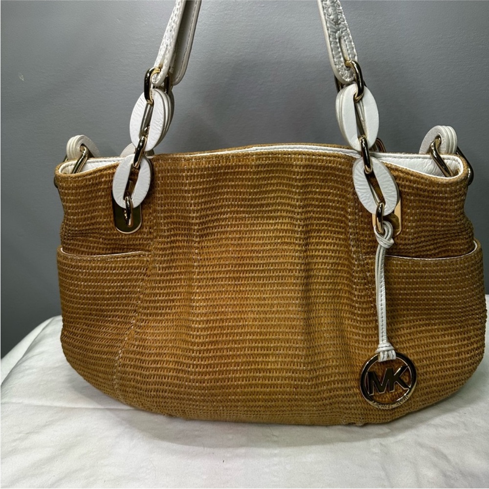 Michael Kors Tan and White Shoulder Bag with Silver Accents